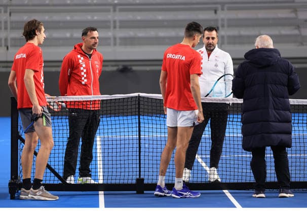 Varazdin: Tennis players training ahead of the Davis Cup match between Croatia and Denmark Training of the Croatian tennis team on the occasion of their meeting between Croatia and Denmark in the first round of qualifications for going to the final Davis Cup tournament for 2026., in Varazdin, Croatia, on on February 03, 2026.  MarkoxPrpic PIXSELL