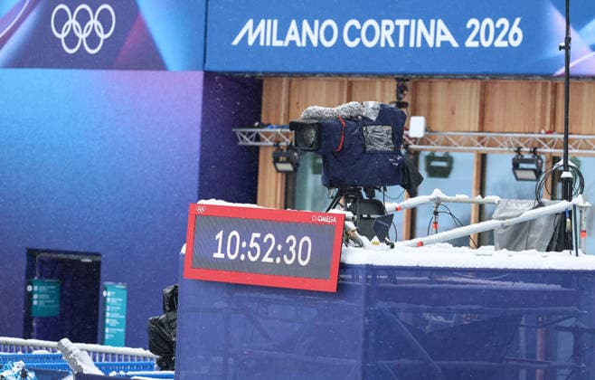 OLYMPICS - Winter Olympic Games, Olympische Spiele, Olympia, OS Milano Cortina 2026 BORMIO,ITALY,03.FEB.26 - OLYMPICS - Winter Olympic Games Milano Cortina 2026, preview. Image shows a tv camera in the finish area.  GEPAxpictures xWolfgangxGrebien