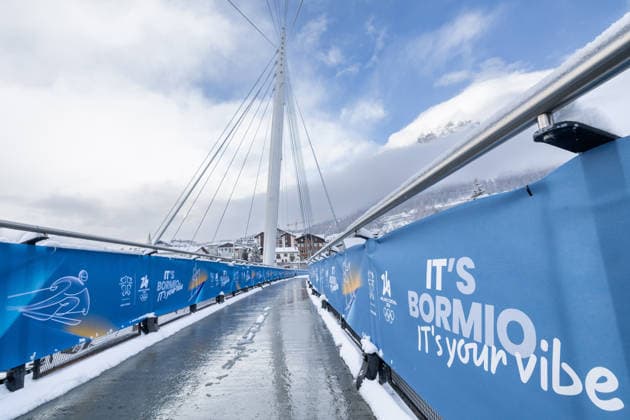 OLYMPICS - Winter Olympic Games, Olympische Spiele, Olympia, OS Milano Cortina 2026 BORMIO,ITALY,03.FEB.26 - OLYMPICS - Winter Olympic Games Milano Cortina 2026, preview. Image shows a bridge and olympic banners.  GEPAxpictures xHaraldxSteiner