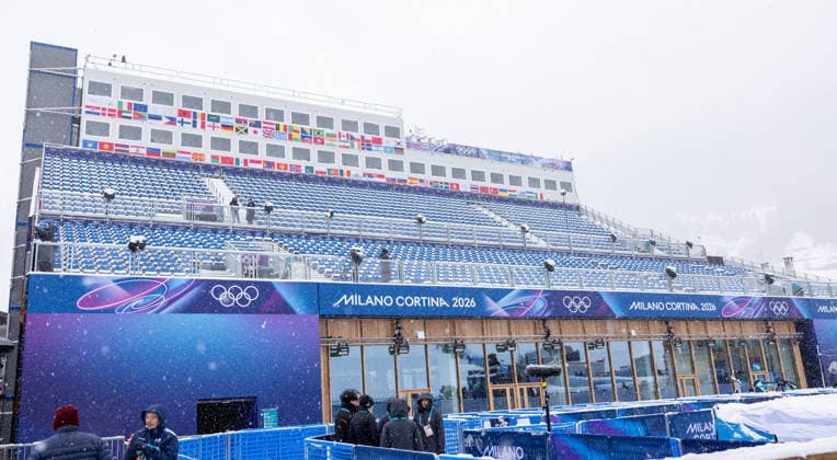 OLYMPICS - Winter Olympic Games, Olympische Spiele, Olympia, OS Milano Cortina 2026 BORMIO,ITALY,03.FEB.26 - OLYMPICS - Winter Olympic Games Milano Cortina 2026, preview. Image shows the grandstand.  GEPAxpictures xHaraldxSteiner