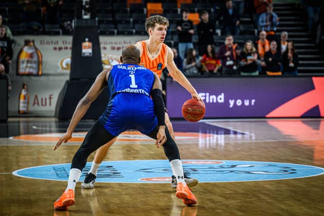 Rasheed Sulaimon Buducnost VOLI Podgorica and Tobias Jensen ratiopharm ulm battle for the ball during the Basketball Eurocup match between ratiopharm ulm and Buducnost VOLI Podgorica at ratiopharm Arena on February 3, 2026 in Neu Ulm, Germany Photo by Harry Langer DeFodi Images
