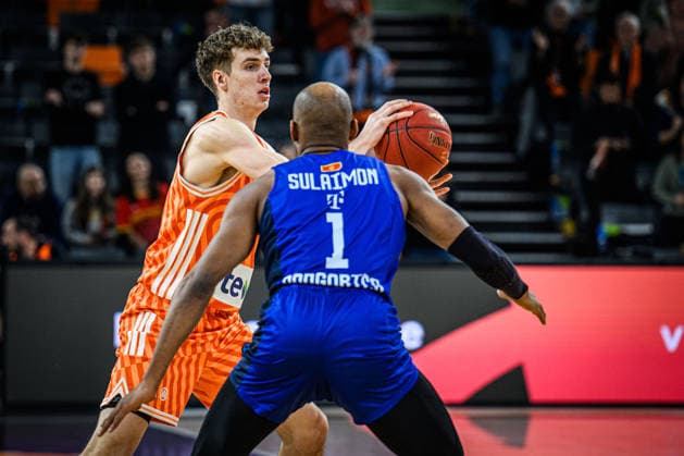 Tobias Jensen ratiopharm ulm and Andrija Slavkovic Buducnost VOLI Podgorica battle for the ball during the Basketball Eurocup match between ratiopharm ulm and Buducnost VOLI Podgorica at ratiopharm Arena on February 3, 2026 in Neu Ulm, Germany Photo by Harry Langer DeFodi Images