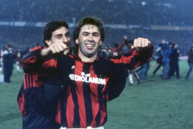 CARLO ANCELOTTI, MASSIMO AGOSTINI, Milan, Coppa dei Campioni, European Cup, 1990-91, Brugge vs Milan 0-1, 07-11-1990, Esultanza, Celebration, Jubel COPPA DEI CAMPIONI 1990-91 BRUGGE-MILAN 0-1