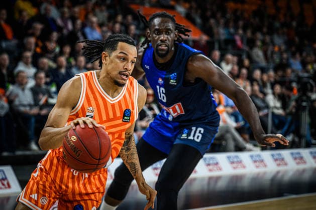 Nelson Weidemann ratiopharm ulm and Jerry Boutsiele Buducnost VOLI Podgorica battle for the ball during the Basketball Eurocup match between ratiopharm ulm and Buducnost VOLI Podgorica at ratiopharm Arena on February 3, 2026 in Neu Ulm, Germany Photo by Harry Langer DeFodi Images