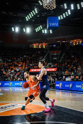 Christopher Ledlum ratiopharm ulm and Nikola Tanaskovic Buducnost VOLI Podgorica battle for the ball during the Basketball Eurocup match between ratiopharm ulm and Buducnost VOLI Podgorica at ratiopharm Arena on February 3, 2026 in Neu Ulm, Germany Photo by Harry Langer DeFodi Images