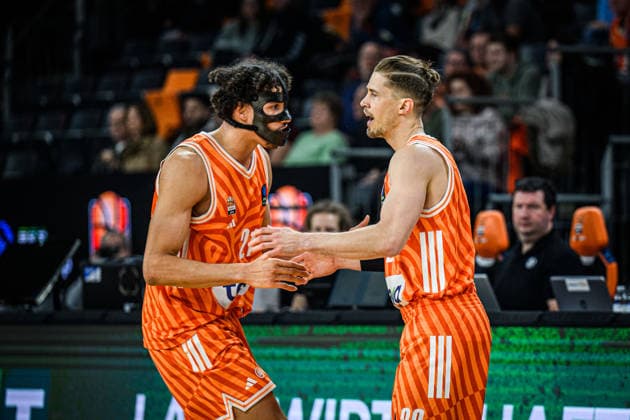 Alec Anigbata ratiopharm ulm and Thomas Klepeisz ratiopharm ulm gestures during the Basketball Eurocup match between ratiopharm ulm and Buducnost VOLI Podgorica at ratiopharm Arena on February 3, 2026 in Neu Ulm, Germany Photo by Harry Langer DeFodi Images