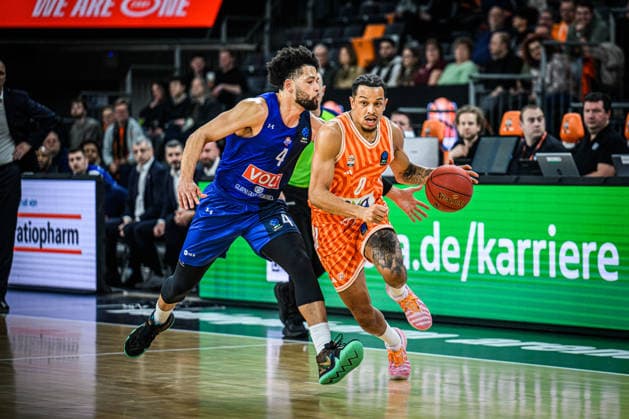Skylar Mays Buducnost VOLI Podgorica and Nelson Weidemann ratiopharm ulm battle for the ball during the Basketball Eurocup match between ratiopharm ulm and Buducnost VOLI Podgorica at ratiopharm Arena on February 3, 2026 in Neu Ulm, Germany Photo by Harry Langer DeFodi Images