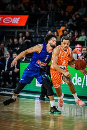 Skylar Mays Buducnost VOLI Podgorica and Nelson Weidemann ratiopharm ulm battle for the ball during the Basketball Eurocup match between ratiopharm ulm and Buducnost VOLI Podgorica at ratiopharm Arena on February 3, 2026 in Neu Ulm, Germany Photo by Harry Langer DeFodi Images
