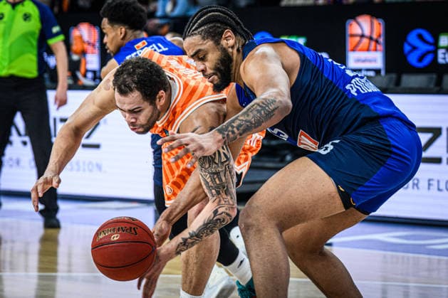 Christopher Ledlum ratiopharm ulm battle for the ball during the Basketball Eurocup match between ratiopharm ulm and Buducnost VOLI Podgorica at ratiopharm Arena on February 3, 2026 in Neu Ulm, Germany Photo by Harry Langer DeFodi Images