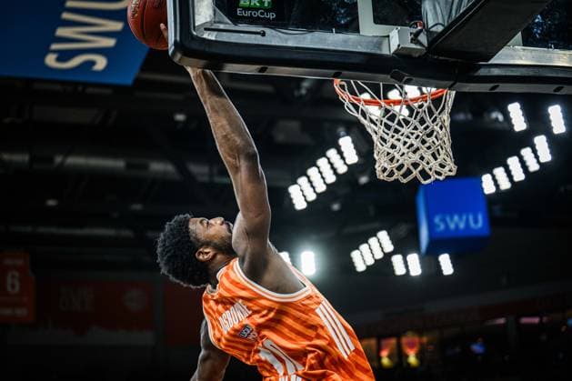 Malik Osborne ratiopharm ulm controls the Ball during the Basketball Eurocup match between ratiopharm ulm and Buducnost VOLI Podgorica at ratiopharm Arena on February 3, 2026 in Neu Ulm, Germany Photo by Harry Langer DeFodi Images
