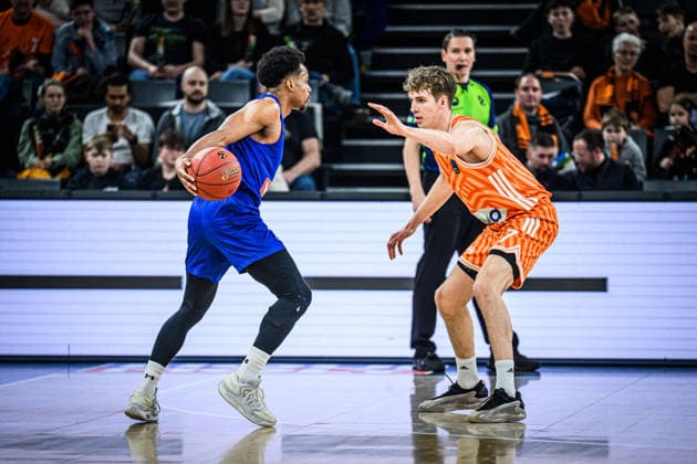Yogi Ferrell Buducnost VOLI Podgorica and Tobias Jensen ratiopharm ulm battle for the ball during the Basketball Eurocup match between ratiopharm ulm and Buducnost VOLI Podgorica at ratiopharm Arena on February 3, 2026 in Neu Ulm, Germany Photo by Harry Langer DeFodi Images