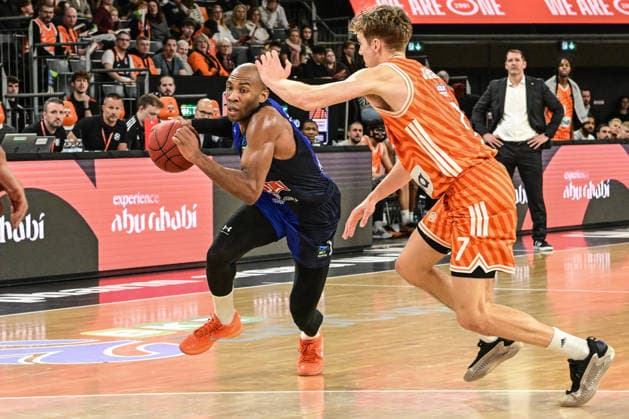 BKT Euro Cup Ratiopharm Ulm vs Buducnost VOLI Podgorica, Ratiopharm Arena Ulm 03 02 2026 Rasheed Sulaimon Buducnost VOLI Podgorica, 1 vs Tobias Jensen ratiopharm Ulm, 7 Ulm 03 02 2026 17 Matchday BKT EuroCup, Ratiopharm Ulm vs Buducnost VOLI Podgorica, Ratiopharm Arena Ulm Copyright: xBEAUTIFULxSPORTS Märklx