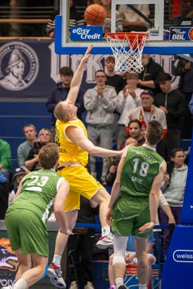 European North Basketball League, ENBL, 2025 2026 Syntainics MBC vs Hefte Helfen Bulls Kapfenberg Weissenfels, Germany 03 February 2026 In the picture from left Alex Gross Kapfenberg , Collin Welp Weissenfels and Daniel Grgic Kapfenberg Weissenfels Stadthalle Weissenfels Sachsen Anhalt Germany