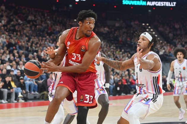 Freddie GILLESPIE FCB , action,duel against re Stevens Paris Basketball Euro League,season 2025 2026, FC Bayern Muenchen Paris Basketball on 03 02 2026 , S A P G A R D EN