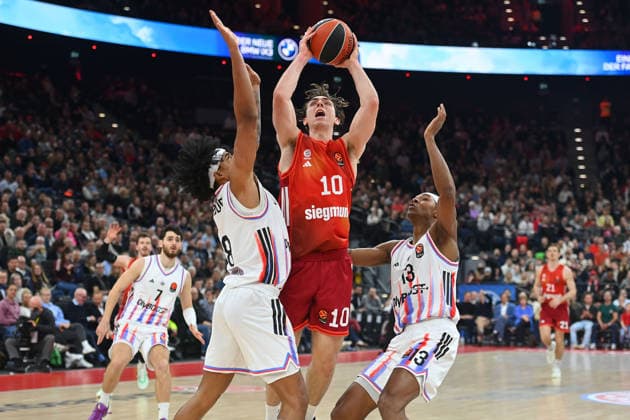 Justinien JESSUP FCB , action,duel against left Jared Rhoden Paris , right Allan Dokossi Paris Basketball Euro League,season 2025 2026, FC Bayern Muenchen Paris Basketball on 03 02 2026 , S A P G A R D EN