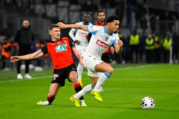 FOOTBALL : Olympique de Marseille VS Stade Rennais FC - Coupe de France - 03 02 2026 Ethan Nwaneri (OM) Quentin Merlin (SRFC) - Coupe de France match between Olympique de Marseille and Stade Rennais FC on February 3, 2026 at the Orange Velodrome Stadium in Marseille. MarseilleFrance  Copyright: xWilliamxCannarellax