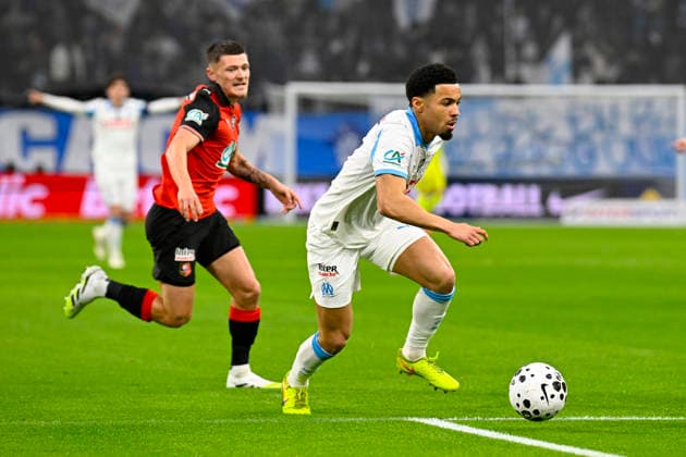 FOOTBALL : Olympique de Marseille VS Stade Rennais FC - Coupe de France - 03 02 2026 Ethan Nwaneri (OM) Quentin Merlin (SRFC) - Coupe de France match between Olympique de Marseille and Stade Rennais FC on February 3, 2026 at the Orange Velodrome Stadium in Marseille. MarseilleFrance  Copyright: xWilliamxCannarellax