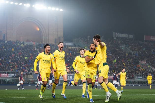 AC Milan s Christopher Nkunku celebrates after scoring the 0-2 goal for his team during the Serie A soccer match between Bologna and Milan at the Renato DallÕAra Stadium in Bologna, north Italy - Tuesday, February 3, 2026 -  Copyright: xMassimoxPaolone LaPressex