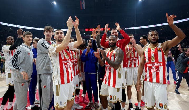 Crvena Zvezda v Hapoel, Euroleague basketball, season 2025 2026, round 26 Belgrade, Serbia. 3rd Feb, 2026. Crvena Zvezda s players celebrate victory after the Euroleague basketball match between Crvena Zvezda (Red Star) and Hapoel Tel Aviv on January 3. 2026. in Belgrade, Serbia. Belgrade Serbia Copyright: xPedjaxMilosavljevic STARSPORTx