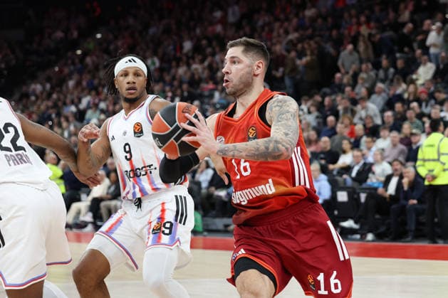 Stefan Jovic FC Bayern Basketball, 16 with Lamar Stevens Paris Basketball, 09 , GER, FC Bayern Basketball vs Paris Basketball, Basketball, Euroleague, Matchday 26, Season 2025 2026, 03 02 2026, GER, FC Bayern Basketball vs Paris Basketball, Basketball, Euroleague, Matchday 26, Season 2025 2026, 03 02 2026 Munich Copyright: xEibner-Pressefoto JennixMaulx EP_JML