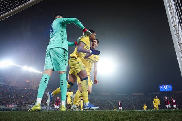 AC Milan s Christopher Nkunku celebrates after scoring the 0-2 goal for his team during the Serie A soccer match between Bologna and Milan at the Renato DallÕAra Stadium in Bologna, north Italy - Tuesday, February 3, 2026 -  Copyright: xMassimoxPaolone LaPressex