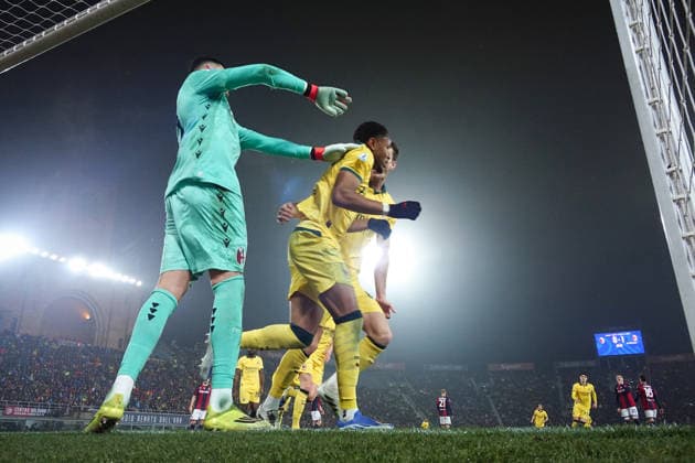 AC Milan s Christopher Nkunku celebrates after scoring the 0-2 goal for his team during the Serie A soccer match between Bologna and Milan at the Renato DallÕAra Stadium in Bologna, north Italy - Tuesday, February 3, 2026 -  Copyright: xMassimoxPaolone LaPressex