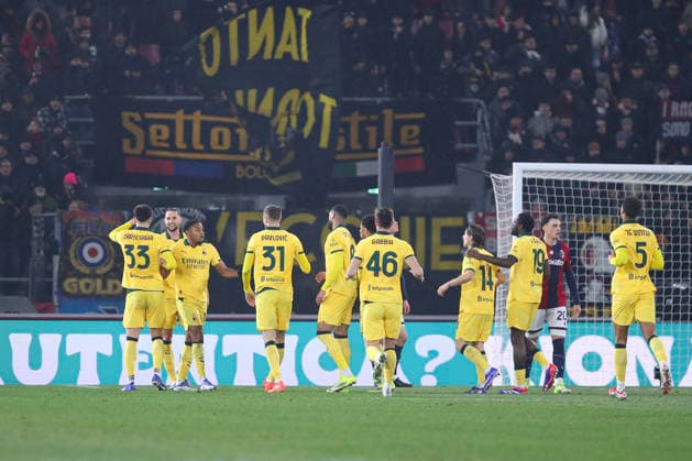 Ruben Loftus-Cheek of AC Milan celebrates with his team mates the goal of 0-1 scored during the serie A match between Bologna FC and AC Milan at Renato dall™Ara stadium in Bologna (Italy), February 3, 2026. massimilianoxcarnabuci