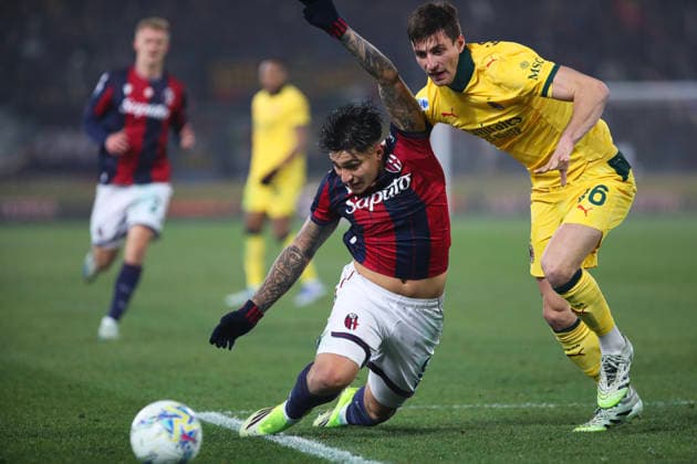 Matteo Gabbia of AC Milan and Santiago Castro of Bologna FC compete for the ball during the serie A match between Bologna FC and AC Milan at Renato dall™Ara stadium in Bologna (Italy), February 3, 2026. massimilianoxcarnabuci