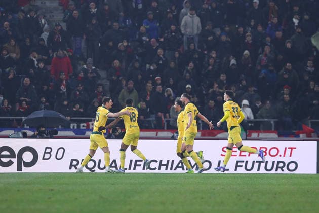 Christopher Nkunku of AC Milan celebrates with his team mates the goal of 0-2 scored during the serie A match between Bologna FC and AC Milan at Renato dall™Ara stadium in Bologna (Italy), February 3, 2026. massimilianoxcarnabuci