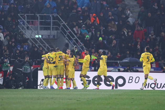 Christopher Nkunku of AC Milan celebrates with his team mates the goal of 0-2 scored during the serie A match between Bologna FC and AC Milan at Renato dall™Ara stadium in Bologna (Italy), February 3, 2026. massimilianoxcarnabuci