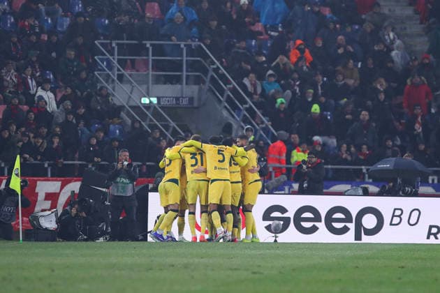 Christopher Nkunku of AC Milan celebrates with his team mates the goal of 0-2 scored during the serie A match between Bologna FC and AC Milan at Renato dall™Ara stadium in Bologna (Italy), February 3, 2026. massimilianoxcarnabuci