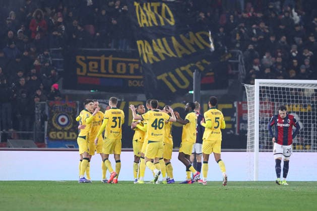 Ruben Loftus-Cheek of AC Milan celebrates with his team mates the goal of 0-1 scored during the serie A match between Bologna FC and AC Milan at Renato dall™Ara stadium in Bologna (Italy), February 3, 2026. massimilianoxcarnabuci