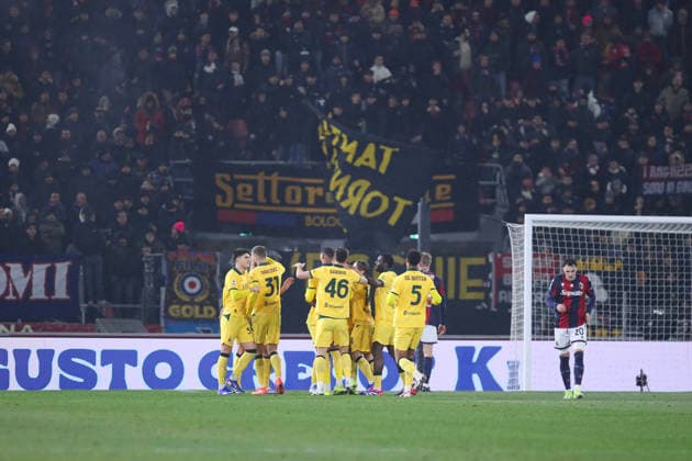 Ruben Loftus-Cheek of AC Milan celebrates with his team mates the goal of 0-1 scored during the serie A match between Bologna FC and AC Milan at Renato dall™Ara stadium in Bologna (Italy), February 3, 2026. massimilianoxcarnabuci