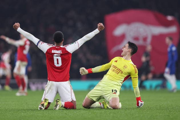 London, England, 3rd February 2026. Gabriel of Arsenal and Kepa Arrizabalaga of Arsenal celebrate after Kai Havertz (not pictured) of Arsenal scores to make it 1-0 during the Arsenal vs Chelsea Carabao Cup match at the Emirates Stadium, London. Picture credit should read: David Klein Sportimage EDITORIAL USE ONLY. No use with unauthorised audio, video, data, fixture lists, club league logos or live services. Online in-match use limited to 120 images, no video emulation. No use in betting, games or single club league player publications. SPI_051_DK_Arsenal_Chelsea SPI-4508-0051