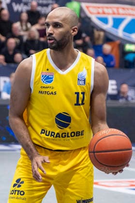 European North Basketball League, ENBL, 2025 2026 Syntainics MBC vs Hefte Helfen Bulls Kapfenberg Weissenfels, Germany 03 February 2026 In the picture Akeem Vargas Weissenfels with ball, Weissenfels Stadthalle Weissenfels Sachsen Anhalt Germany