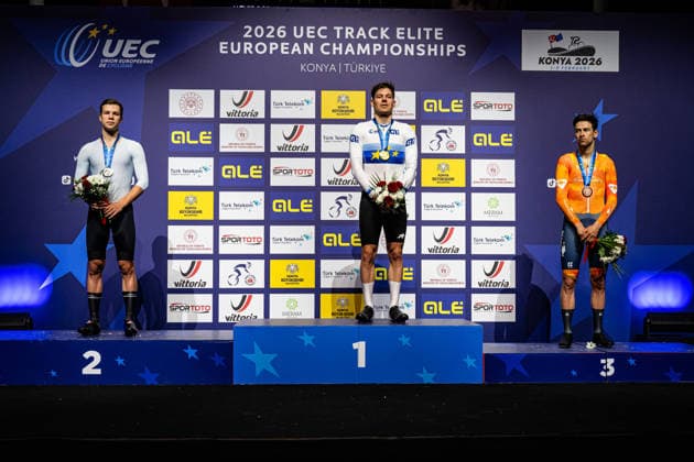 SAVEKIN Ilya, VOGEL Alex, HOPPEZAK Vincent UEC Track Cycling European Championships Konya 2026 SAVEKIN Ilya RUS Russia Second Place VOGEL Alex SUI Switzerland Winner First Place HOPPEZAK Vincent NED Netherlands Third Place Award Ceremony Medal Ceremony Podium Landscape horizontal Landscape Event Event UEC Track Cycling European Championships 2026 Category Category Cycling Track Cycling European Championships Location Location Asia Türkiye Konya Discipline Scratch Category Elite Men Distance 10 km Date Date 03 02 2026 Tuesday Day 3