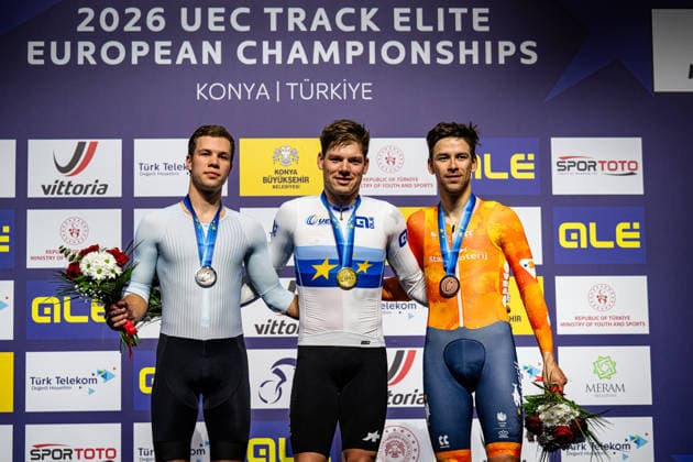 SAVEKIN Ilya, VOGEL Alex, HOPPEZAK Vincent UEC Track Cycling European Championships Konya 2026 SAVEKIN Ilya RUS Russia Second Place VOGEL Alex SUI Switzerland Winner First Place HOPPEZAK Vincent NED Netherlands Third Place Award Ceremony Medal Ceremony Podium Landscape horizontal Landscape Event Event UEC Track Cycling European Championships 2026 Category Category Cycling Track Cycling European Championships Location Location Asia Türkiye Konya Discipline Scratch Category Elite Men Distance 10 km Date Date 03 02 2026 Tuesday Day 3
