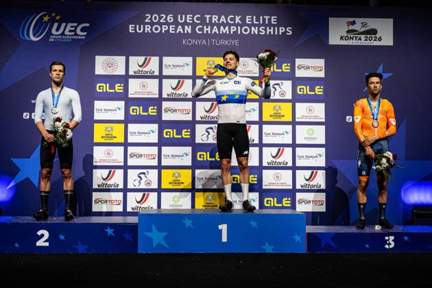 SAVEKIN Ilya, VOGEL Alex, HOPPEZAK Vincent UEC Track Cycling European Championships Konya 2026 SAVEKIN Ilya RUS Russia Second Place VOGEL Alex SUI Switzerland Winner First Place HOPPEZAK Vincent NED Netherlands Third Place Award Ceremony Medal Ceremony Podium Landscape horizontal Landscape Event Event UEC Track Cycling European Championships 2026 Category Category Cycling Track Cycling European Championships Location Location Asia Türkiye Konya Discipline Scratch Category Elite Men Distance 10 km Date Date 03 02 2026 Tuesday Day 3