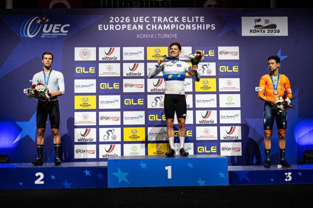 SAVEKIN Ilya, VOGEL Alex, HOPPEZAK Vincent UEC Track Cycling European Championships Konya 2026 SAVEKIN Ilya RUS Russia Second Place VOGEL Alex SUI Switzerland Winner First Place HOPPEZAK Vincent NED Netherlands Third Place Award Ceremony Medal Ceremony Podium Landscape horizontal Landscape Event Event UEC Track Cycling European Championships 2026 Category Category Cycling Track Cycling European Championships Location Location Asia Türkiye Konya Discipline Scratch Category Elite Men Distance 10 km Date Date 03 02 2026 Tuesday Day 3