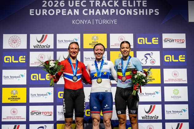 STENBERG Anita Yvonne, MORRIS Anna, BOSSUYT Shari UEC Track Cycling European Championships Konya 2026 STENBERG Anita Yvonne NOR Norway Second Place MORRIS Anna GBR Great Britain Winner First Place BOSSUYT Shari BEL Belgium Third Place Award Ceremony Medal Ceremony Podium Landscape horizontal Landscape Event Event UEC Track Cycling European Championships 2026 Category Category Cycling Track Cycling European Championships Location Location Asia Türkiye Konya Discipline Omnium Points Race Category Elite Women Distance 20 km Date Date 03 02 2026 Tuesday Day 3