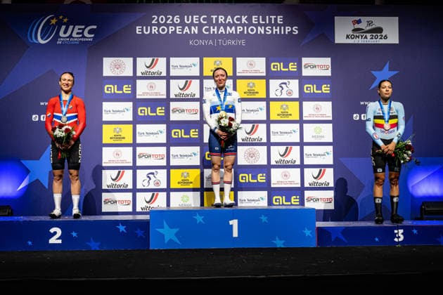 STENBERG Anita Yvonne, MORRIS Anna, BOSSUYT Shari UEC Track Cycling European Championships Konya 2026 STENBERG Anita Yvonne NOR Norway Second Place MORRIS Anna GBR Great Britain Winner First Place BOSSUYT Shari BEL Belgium Third Place Award Ceremony Medal Ceremony Podium Landscape horizontal Landscape Event Event UEC Track Cycling European Championships 2026 Category Category Cycling Track Cycling European Championships Location Location Asia Türkiye Konya Discipline Omnium Points Race Category Elite Women Distance 20 km Date Date 03 02 2026 Tuesday Day 3