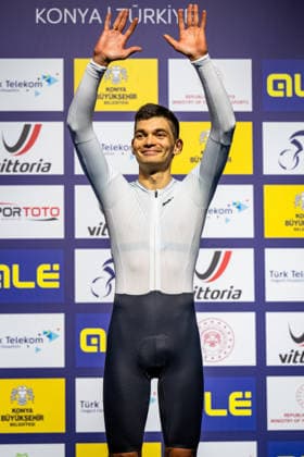 GONOV Lev UEC Track Cycling European Championships Konya 2026 GONOV Lev RUS Russia Winner First Place Award Ceremony Medal Ceremony Podium Portrait Portrait Portrait Event Event UEC Track Cycling European Championships 2026 Category Category Cycling Track Cycling European Championships Location Location Asia Türkiye Konya Discipline Individual Pursuit Category Elite Men Distance 4000 m Date Date 03 02 2026 Tuesday Day 3