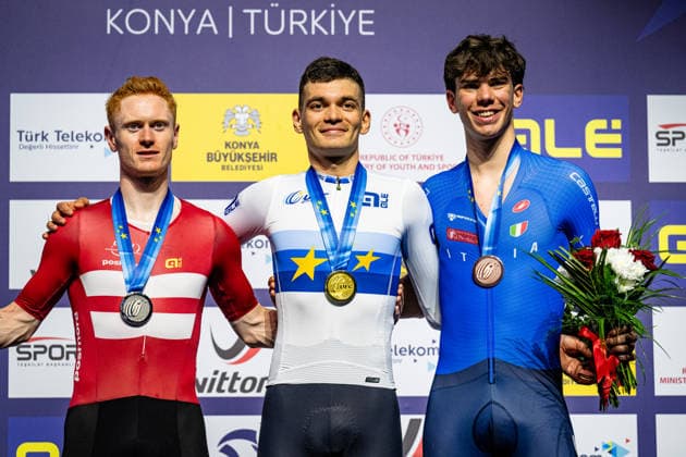 SKIVILD Juel Robin, GONOV Lev, FAVERO Renato UEC Track Cycling European Championships Konya 2026 SKIVILD Juel Robin DEN Denmark Second Place GONOV Lev RUS Russia Winner First Place FAVERO Renato ITA Italy Third Place Award Ceremony Medal Ceremony Podium Landscape horizontal Landscape Event Event UEC Track Cycling European Championships 2026 Category Category Cycling Track Cycling European Championships Location Location Asia Türkiye Konya Discipline Individual Pursuit Category Elite Men Distance 4000 m Date Date 03 02 2026 Tuesday Day 3