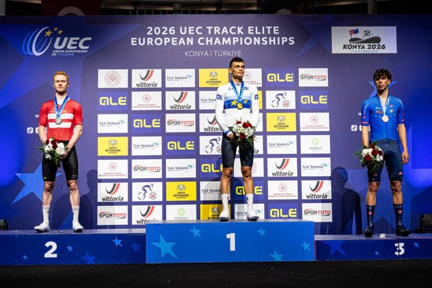 SKIVILD Juel Robin, GONOV Lev, FAVERO Renato UEC Track Cycling European Championships Konya 2026 SKIVILD Juel Robin DEN Denmark Second Place GONOV Lev RUS Russia Winner First Place FAVERO Renato ITA Italy Third Place Award Ceremony Medal Ceremony Podium Landscape horizontal Landscape Event Event UEC Track Cycling European Championships 2026 Category Category Cycling Track Cycling European Championships Location Location Asia Türkiye Konya Discipline Individual Pursuit Category Elite Men Distance 4000 m Date Date 03 02 2026 Tuesday Day 3