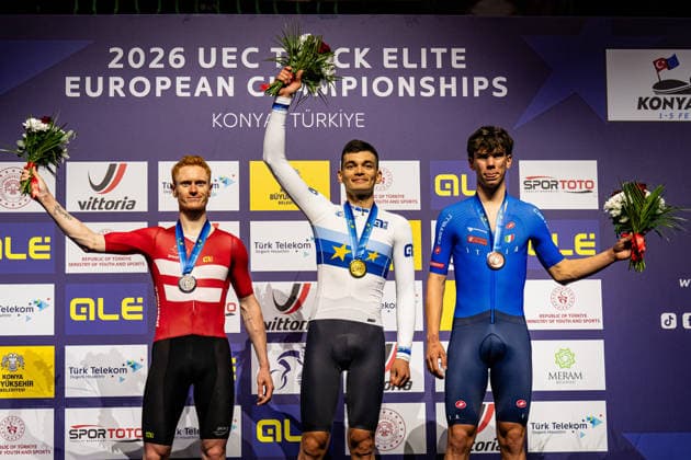 SKIVILD Juel Robin, GONOV Lev, FAVERO Renato UEC Track Cycling European Championships Konya 2026 SKIVILD Juel Robin DEN Denmark Second Place GONOV Lev RUS Russia Winner First Place FAVERO Renato ITA Italy Third Place Award Ceremony Medal Ceremony Podium Landscape horizontal Landscape Event Event UEC Track Cycling European Championships 2026 Category Category Cycling Track Cycling European Championships Location Location Asia Türkiye Konya Discipline Individual Pursuit Category Elite Men Distance 4000 m Date Date 03 02 2026 Tuesday Day 3