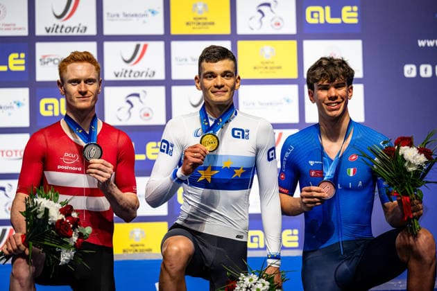 SKIVILD Juel Robin, GONOV Lev, FAVERO Renato UEC Track Cycling European Championships Konya 2026 SKIVILD Juel Robin DEN Denmark Second Place GONOV Lev RUS Russia Winner First Place FAVERO Renato ITA Italy Third Place Award Ceremony Medal Ceremony Podium Landscape horizontal Landscape Event Event UEC Track Cycling European Championships 2026 Category Category Cycling Track Cycling European Championships Location Location Asia Türkiye Konya Discipline Individual Pursuit Category Elite Men Distance 4000 m Date Date 03 02 2026 Tuesday Day 3