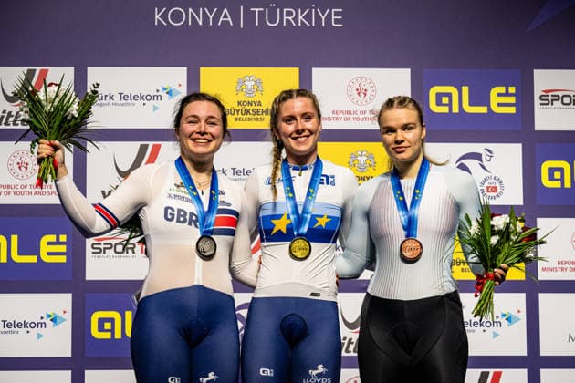CAPEWELL Sophie, FINUCANE Emma, LYSENKO Alina UEC Track Cycling European Championships Konya 2026 CAPEWELL Sophie GBR Great Britain Second Place FINUCANE Emma GBR Great Britain Winner First Place LYSENKO Alina RUS Russia Third Place Award Ceremony Medal Ceremony Podium Landscape horizontal Landscape Event Event UEC Track Cycling European Championships 2026 Category Category Category Cycling Track Cycling European Championships Location Location Asia Türkiye Konya Discipline Sprint Category Elite Women Distance m Date Date 03 02 2026 Tuesday Day 3