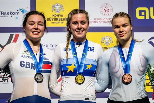 CAPEWELL Sophie, FINUCANE Emma, LYSENKO Alina UEC Track Cycling European Championships Konya 2026 CAPEWELL Sophie GBR Great Britain Second Place FINUCANE Emma GBR Great Britain Winner First Place LYSENKO Alina RUS Russia Third Place Award Ceremony Medal Ceremony Podium Landscape horizontal Landscape Event Event UEC Track Cycling European Championships 2026 Category Category Category Cycling Track Cycling European Championships Location Location Asia Türkiye Konya Discipline Sprint Category Elite Women Distance m Date Date 03 02 2026 Tuesday Day 3