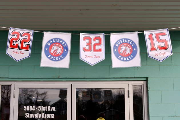 February 3, 2026, Stavely, Ab, Canada: Outside Mustangs arena numbers hang for three junior hockey players killed in a Feb. 2 vehicle crash at Stavely, Alta., Feb. 3, 2026. Canada News - February 3, 2026  - ZUMAc35_ 20260203_zaf_c35_097 Copyright: xLarryxMacdougalx
