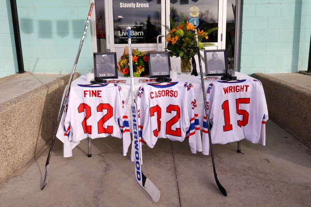 February 3, 2026, Stavely, Ab, Canada: Jerseys at a memorial outside main arena doors for three junior hockey players killed in a vehicle crash at Stavely, Alta., Feb. 3, 2026. Canada News - February 3, 2026  - ZUMAc35_ 20260203_zaf_c35_098 Copyright: xLarryxMacdougalx